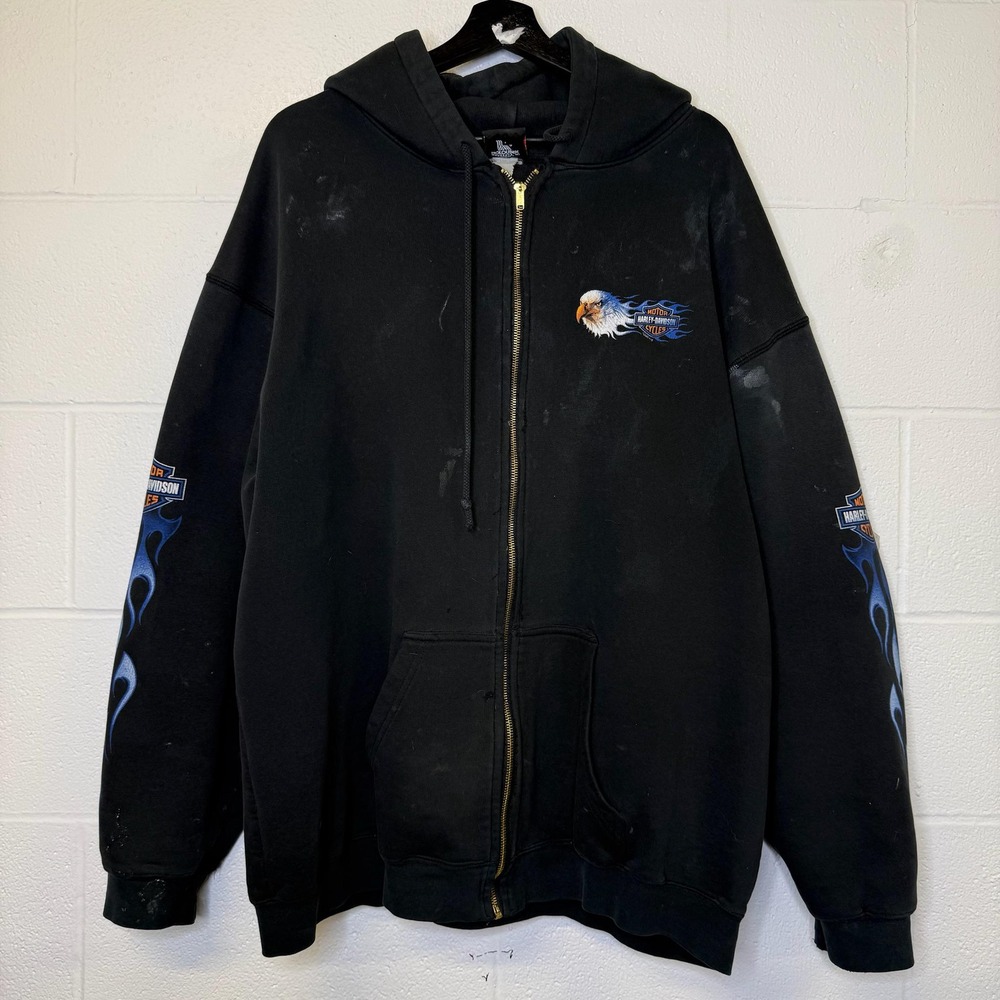 Harley Davidson Vintage Blue Flame Sleeve Hoodie Mens 2XL Sweatshirt Black 90s